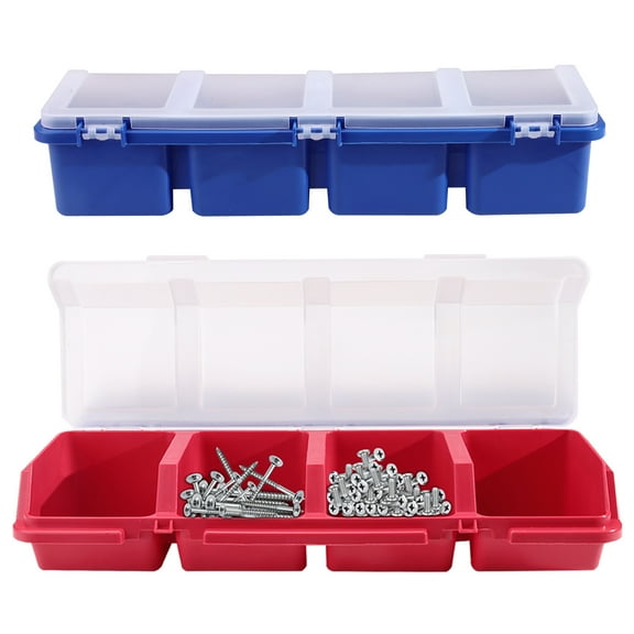 2 Pack Plastic Screw Organizer Box, 4 Compartments Bolt Bin with Lid, Stackable Hardware Storage Case for Garage Organization Parts Nail Workbench (Blue, Red)