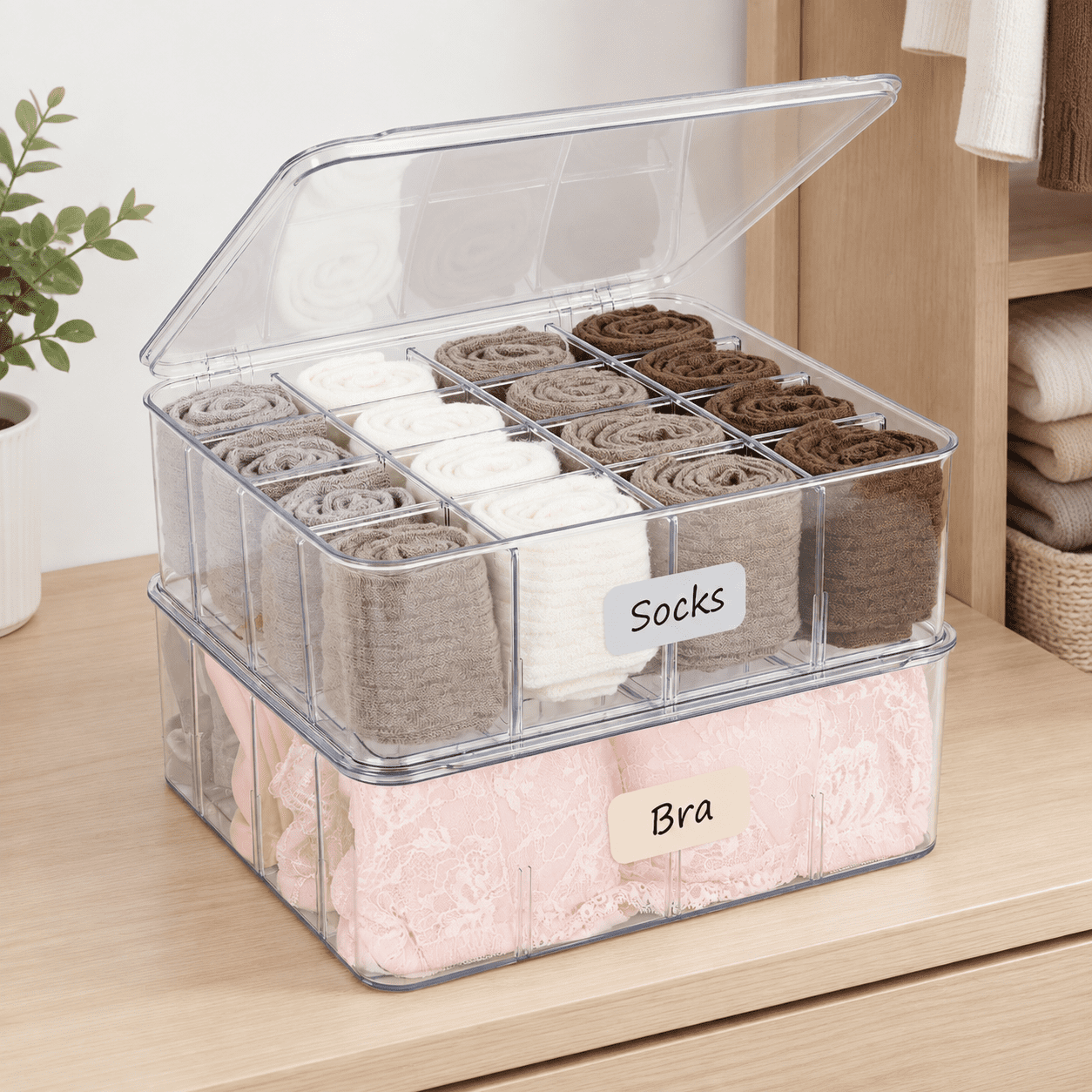 2-Pack Plastic Sock And Underwear Organizer With Removable Dividers And ...