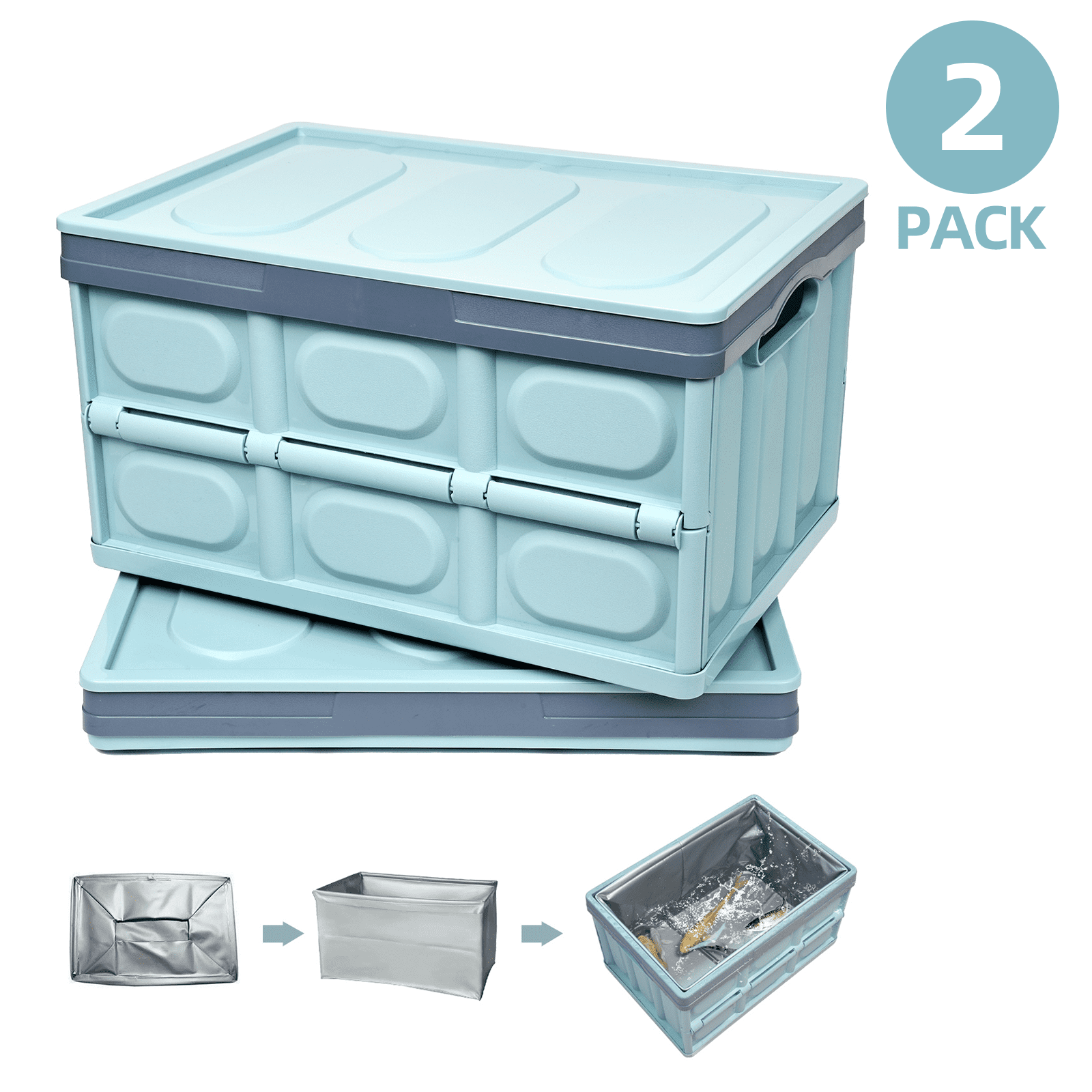 2 Pack Plastic Storage Bins with Lids, 8 Gallon Collapsible Trunk