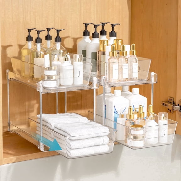 2 Pack Clear Plastic Pull Out Under Sink Organizer and Storage, 2-Tier Sliding Cabinet Drawer Bins for Bathroom, Kitchen and Pantry Organization