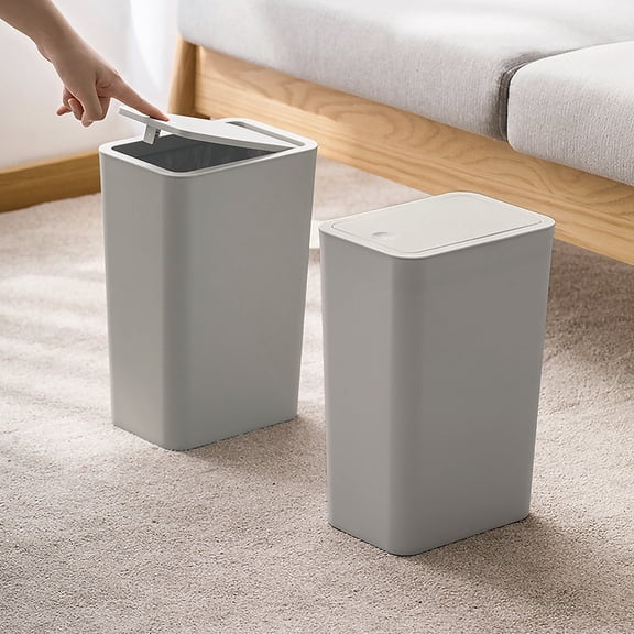 2 Pack Plastic Trash Can with Press Top Lid, 2.6 gal Modern Garbage Can, Small Wastebasket for Bathroom, Gray