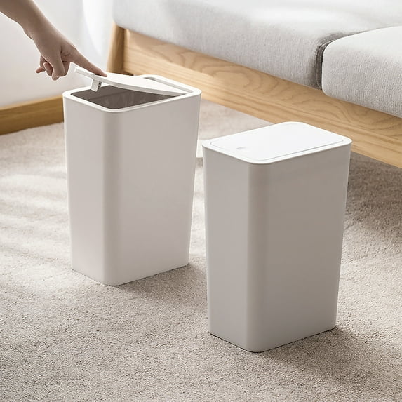 2 Pack Plastic Trash Can with Press Top Lid, 2.6 gal Modern Garbage Can, Small Wastebasket for Bathroom, White
