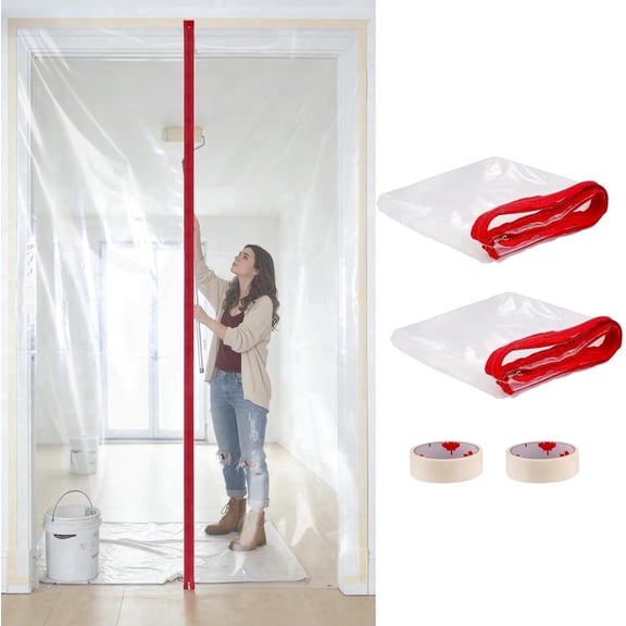 2-Pack Plastic Zipper Door Dust Barrier, 4 ft x 7.2 ft Clear Plastic Door Curtain, Zip Door Dust Barrier for Home Renovation and Interior Painting
