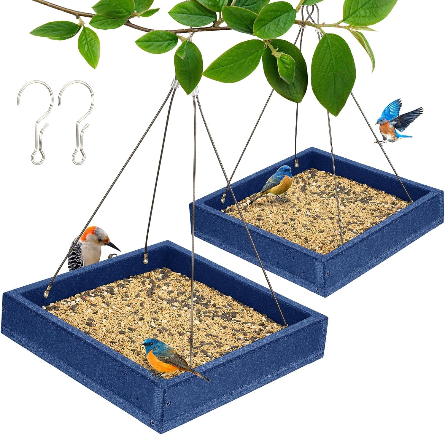 2 Pack Platform Bird Feeder Tray for Outdoor Hanging - Durable Recycled Plastic & Metal Mesh, Large 3.5 lbs Capacity, Ideal for Attracting Large Birds, Blue