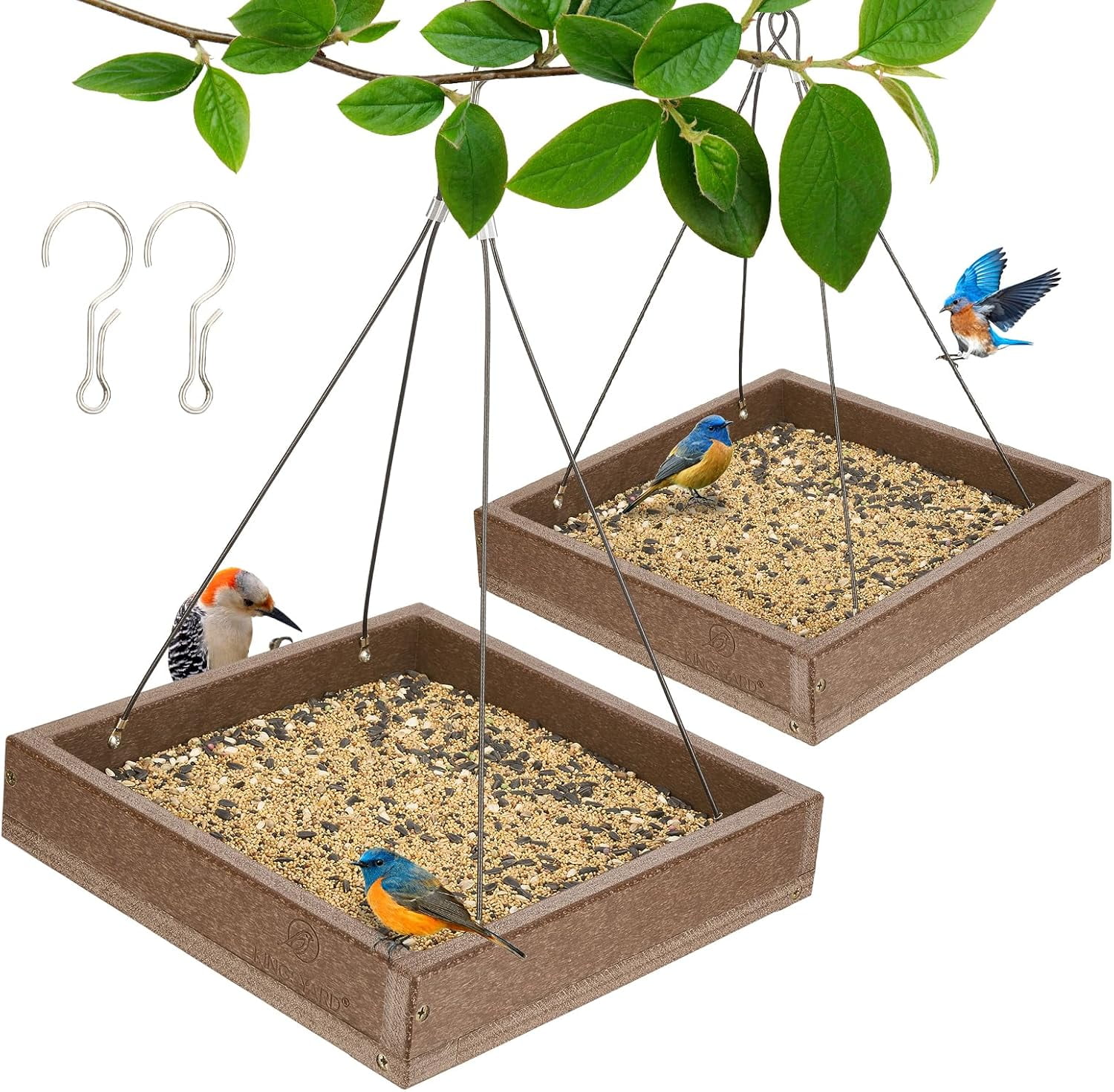 2 Pack Platform Bird Feeder Tray for Outdoor Hanging - Durable Recycled Plastic & Metal Mesh, Large 3.5 lbs Capacity, Ideal for Attracting Large Birds, Brown