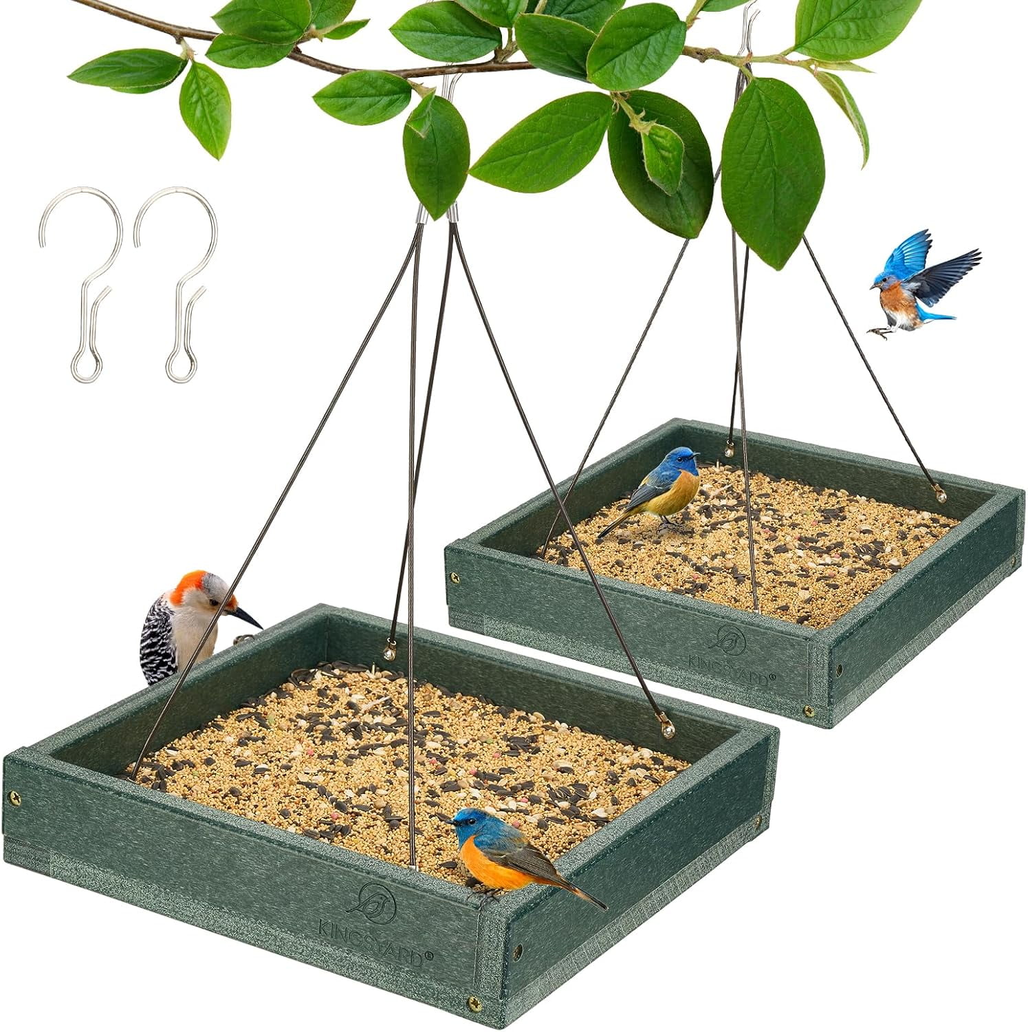 2 Pack Platform Bird Feeder Tray for Outdoor Hanging - Durable Recycled Plastic & Metal Mesh, Large 3.5 lbs Capacity, Ideal for Attracting Large Birds, Green