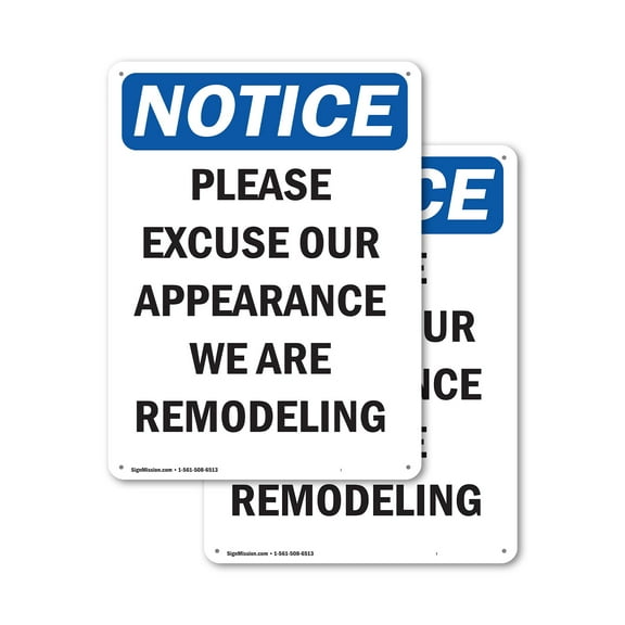 (2 Pack) Please Excuse Our Appearance Remodeling OSHA Notice Sign 7 Inch X 10 Inch Plastic Sign, Weather Resistant, UV Protected for Workplace, Business, and Construction Site, Made in