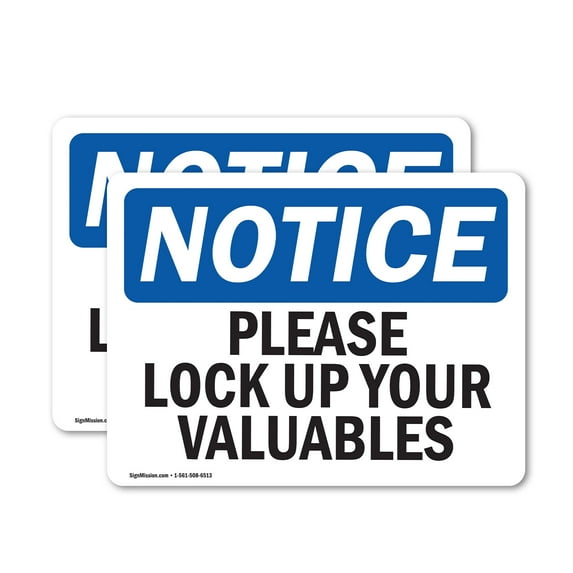 (2 Pack) Please Lock Up Your Valuables OSHA Notice Sign 5 Inch X 3.5 Inch Vinyl Label Decal Sticker Weather Resistant, UV Protected for Workplace, Business, and Construction Site, Made