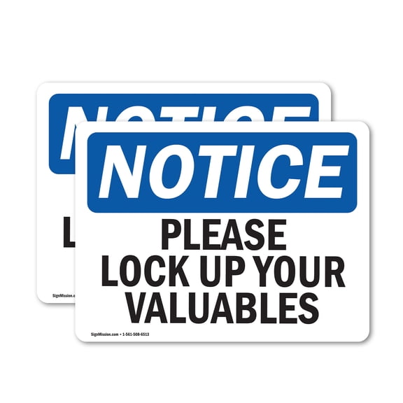 (2 Pack) Please Lock Up Your Valuables OSHA Notice Sign 7 Inch X 5 Inch Vinyl Label Decal Sticker Weather Resistant, UV Protected for Workplace, Business, and Construction Site, Made in