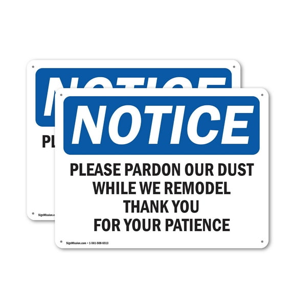 (2 Pack) Please Pardon Our Dust While We Remodel OSHA Notice Sign 24 Inch X 18 Inch Plastic Sign, Weather Resistant, UV Protected for Workplace, Business, and Construction Site, Made in