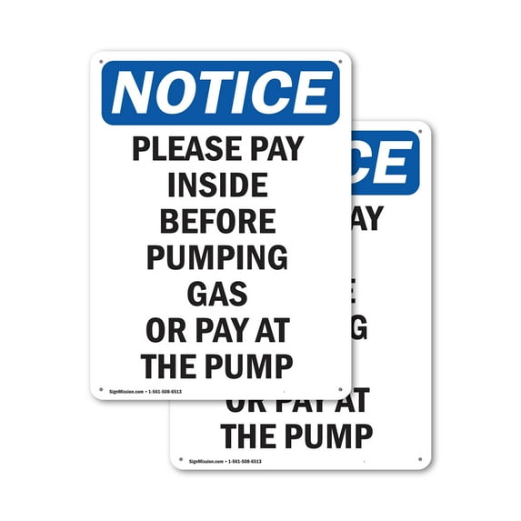 (2 Pack) Please Pay Inside Before Pumping OSHA Notice Sign 7 Inch X 10 Inch Indoor / Outdoor Rust-Free Aluminum Metal Signs for Workplace, Workshop, and Construction Site, Made in the