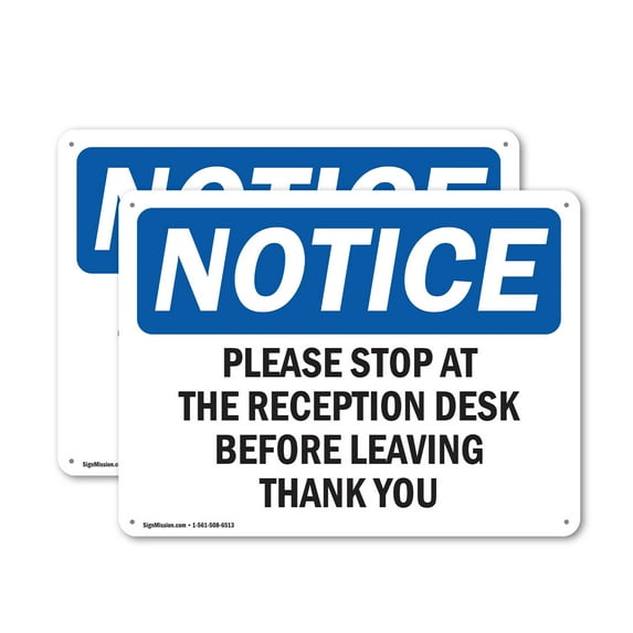 (2 Pack) Please Stop At The Reception Desk Before OSHA Notice Sign 14 Inch X 10 Inch Indoor / Outdoor Rust-Free Aluminum Metal Signs for Workplace, Workshop, and Construction Site, Made