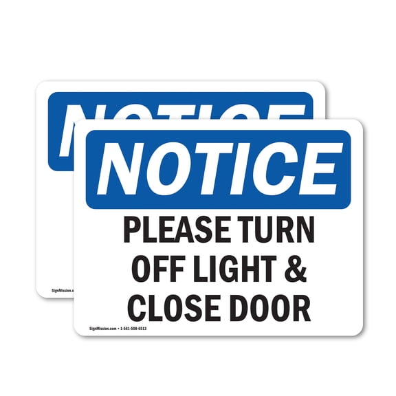 (2 Pack) Please Turn Off Light & Close Door OSHA Notice Sign 5 Inch X 3.5 Inch Vinyl Label Decal Sticker Weather Resistant, UV Protected for Workplace, Business, and Construction Site,