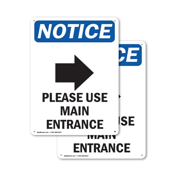 (2 Pack) Please Use Main Entrance OSHA Notice Sign 10 Inch X 14 Inch Plastic Sign, Weather Resistant, UV Protected for Workplace, Business, and Construction Site, Made in the USA