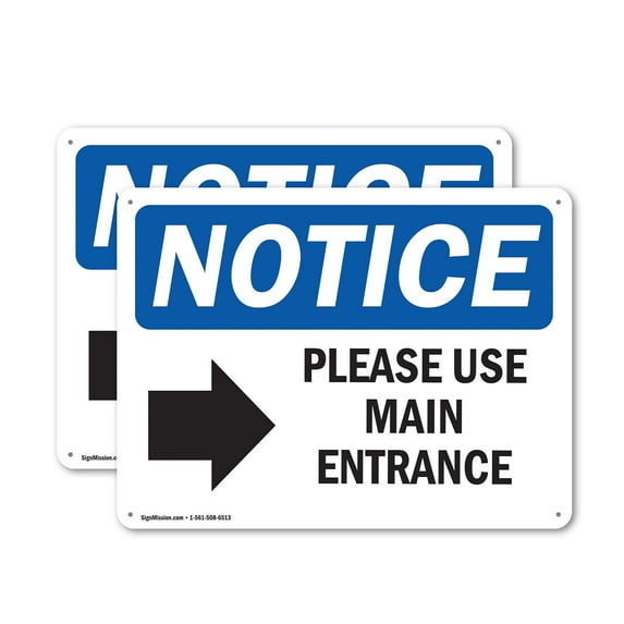 (2 Pack) Please Use Main Entrance [Right Arrow] OSHA Notice Sign 10 Inch X 7 Inch Indoor / Outdoor Rust-Free Aluminum Metal Signs for Workplace, Workshop, and Construction Site, Made in