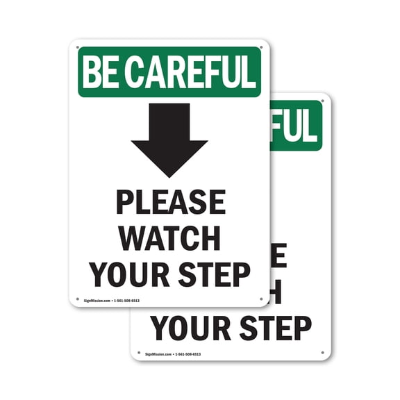 (2 Pack) Please Watch Your With Symbol OSHA Be Careful Sign 7 Inch X 10 Inch Plastic Sign, Weather Resistant, UV Protected for Workplace, Business, and Construction Site, Made in the
