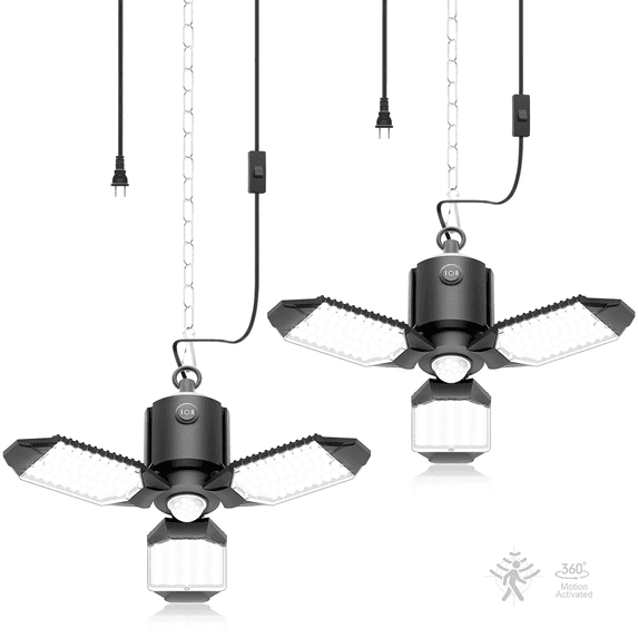 2 Pack Plug in Motion Sensor Garage Light - 8000LM Shop Light with 3 Modes, 3 Deformable LED Panels, 6500K Indoor Motion Sensor Light Bulb for Garage, Laundry Room, Basement