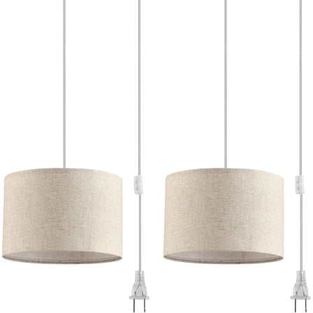 2 Pack Plug in Pendant Light, Hanging Light with 15Ft Clear Cord, On/Off Switch, Grey Fabric Lamp Shade, Hanging Light Fixture for Bedroom, Kitchen, Living Room, Dining Table