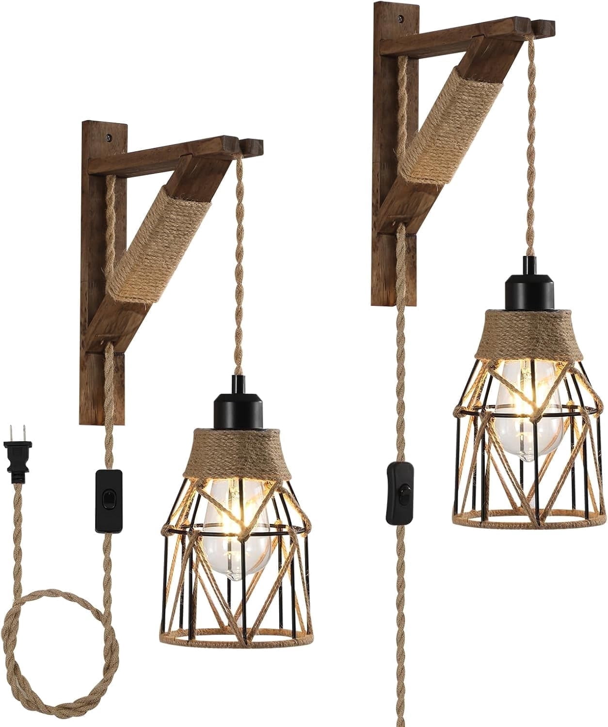 2-Pack  Plug-in Wall Sconces - Farmhouse Metal Cage Lights with Distressed Wood Brackets