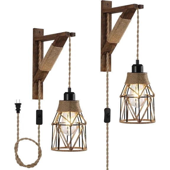 2-Pack  Plug-in Wall Sconces - Farmhouse Metal Cage Lights with Distressed Wood Brackets