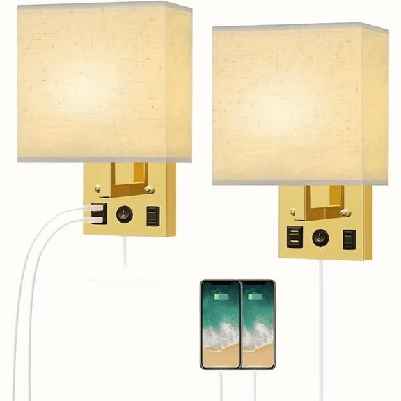 2-Pack Plug-in Wall Sconces with USB Ports & Outlet Black Energy Efficient Wall Lights with Linen Shades for Bedroom, Living Room (Bulbs Included)