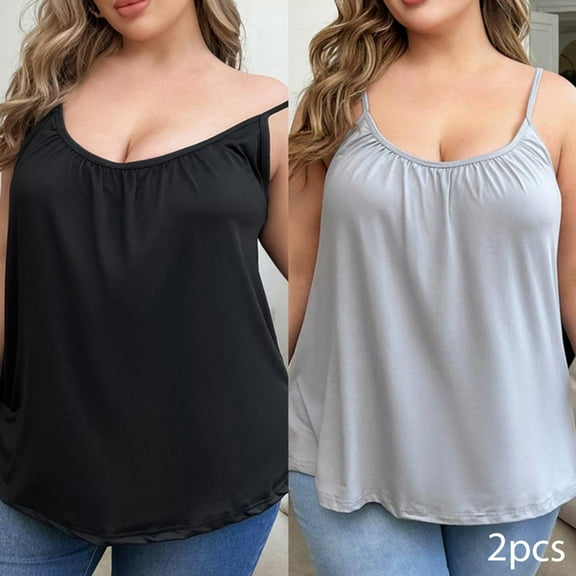 2 Pack Plus Size Camisole for Women with Built-in Bras Adjustable Strap Tank Top Summer Loose Fit Cami Shirt, Seamless Padded Solid Cami Tank Top, Non-Removable Padding XL-5XL