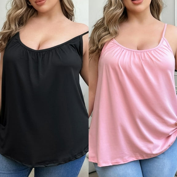 2 Pack Plus Size Camisole for Women with Built-in Bras Adjustable Strap Tank Top Summer Loose Fit Cami Shirt, Seamless Padded Solid Cami Tank Top, Non-Removable Padding XL-5XL