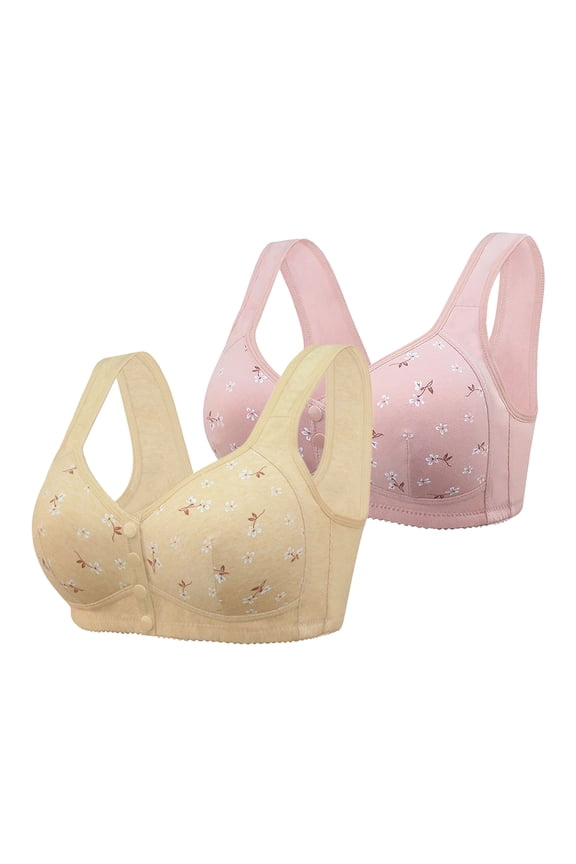 2 Pack Plus Size Front Closure Bras for Women - Wireless Supportive Full Coverage U-Back Bras with Wide Adjustable Strap, Breathable Soft Floral Everyday Bras for Seniors & Curvy Ladies (XL-7XL)