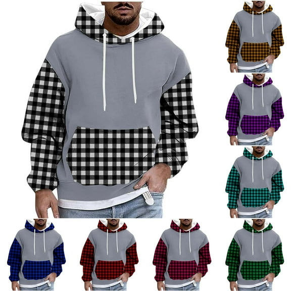 2 Pack Plus Size Hoodies for Men with Pocket Big & Tall M-4X Fleece Lined Sweatshirts Mens Pullover Plaid Printed Thermal Warm Long Sleeve Hoodie Tops