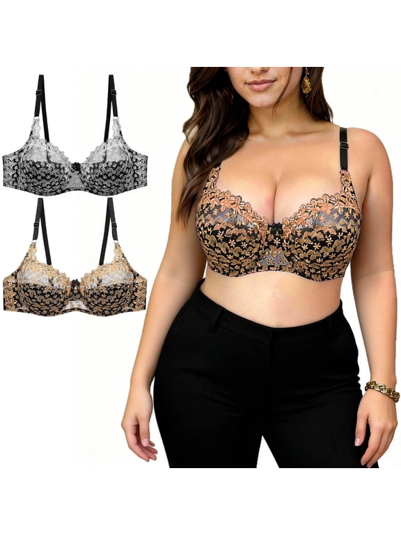 2 Pack Plus Size Lace Bras for Women Lightweight Underwire Push Up Bralettes Floral Embroidered Lifting Unlined Bra 44D, White/Gray