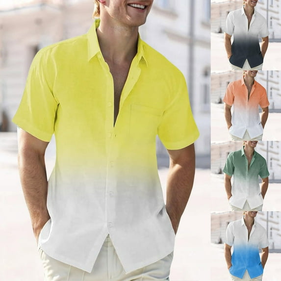 2 Pack Plus Size Mens Short Sleeve Shirts M-4XL Big and Tall Button-Down Tshirts Shirt with Pocket Collared Gradient Printed Lightweight Beach Tops