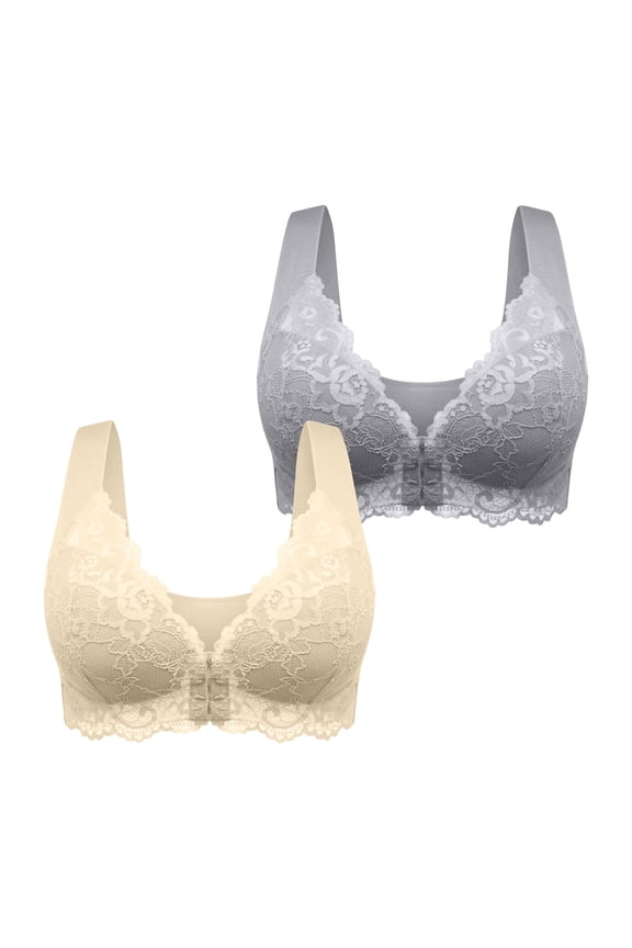 2 Pack Plus Size Post Surgery Bras for Women Comfy Front Buckle Lace Bras Padded No Underwire Smoothing Plunge Bra