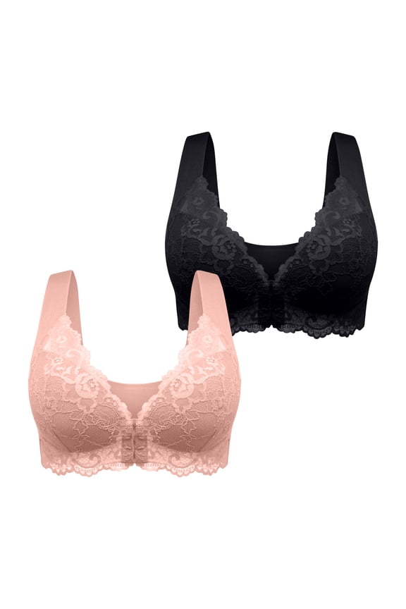 2 Pack Plus Size Post Surgery Bras for Women Comfy Front Buckle Lace Bras Padded No Underwire Smoothing Plunge Bra