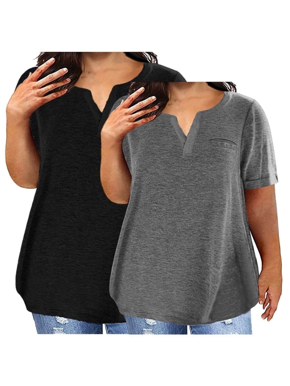 2 Pack Plus Size Tops for Women Short Sleeve V Neck Cotton Tee Shirts Summer Solid Color Tshirts, 2XL 2PC-A