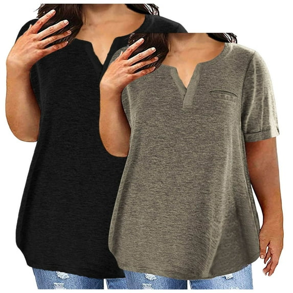 2 Pack Plus Size Tops for Women Short Sleeve V Neck Cotton Tee Shirts Summer Solid Color Tshirts, L 2PC-B