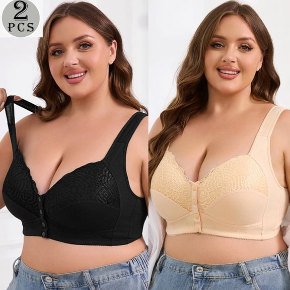 2 Pack Plus Size Women's Front Closure Bras, No Underwire Lace Full Coverage Push Up Bra Soft Cup Wireless Comfortable Everyday Bra, XL-6XL