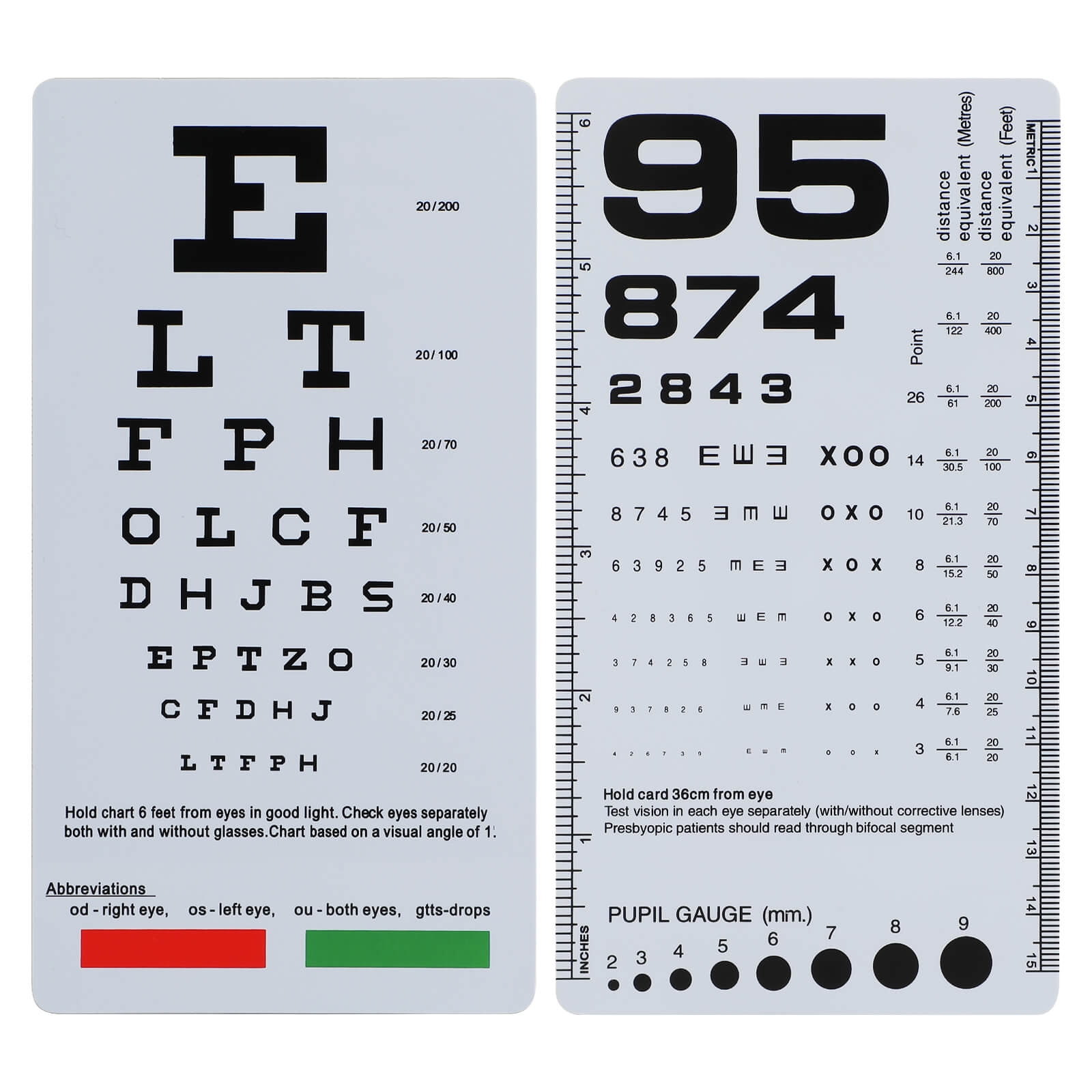 2 PACK - Snellen AND Kindergarten / Children Plastic Eye Vision Exam Test  Wall Charts 22 by 11 in.