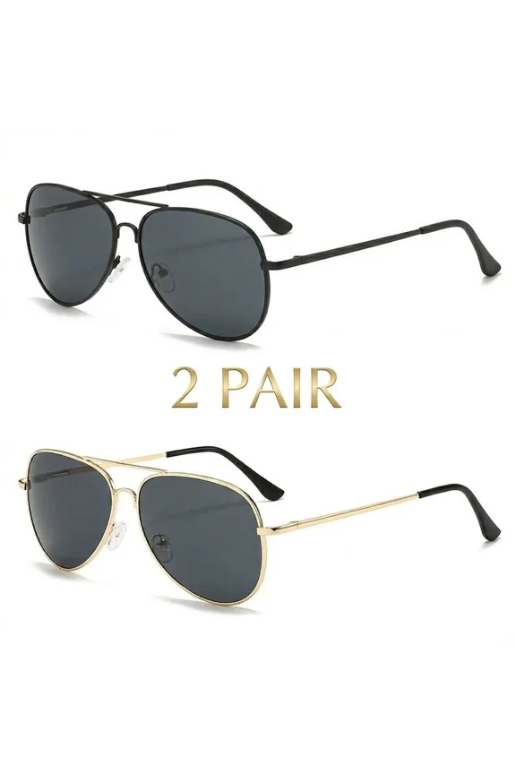 2-Pack Polarized Sunglasses Aviator Metal Frame Pilot Style Double Bridge UV400