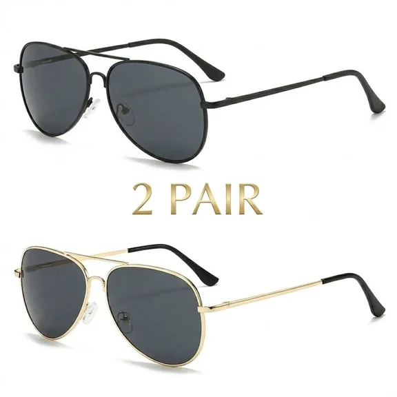 2-Pack Polarized Sunglasses Aviator Metal Frame Pilot Style Double Bridge UV400
