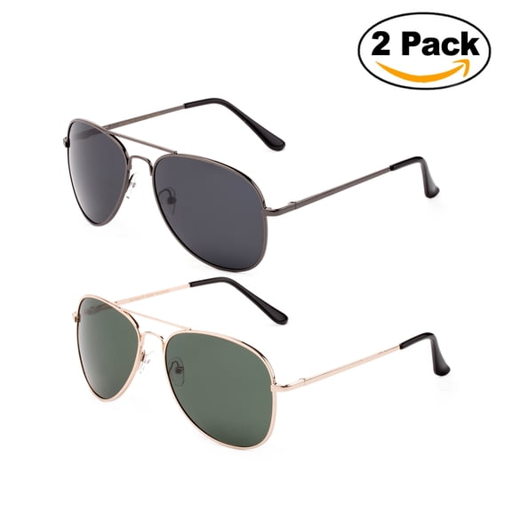 2 Pack Polarized Sunglasses Classic Aviator Flash Full Mirror Lenses Slim Frame Super Light Weight for Men Women with Comfortable Spring Hinge UV Protection