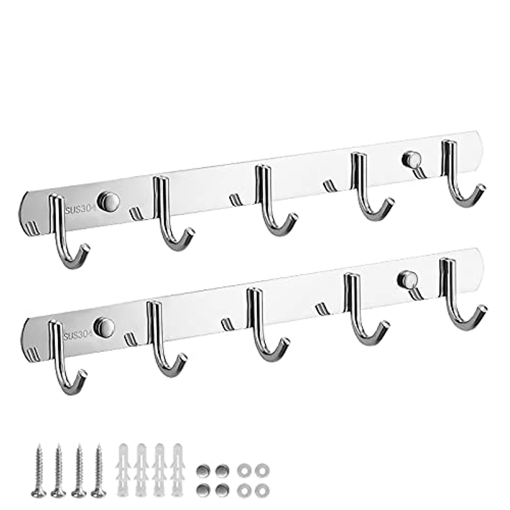2 Pack Polished 5 Hooks Heavy Duty Silver Rack, Thicken SUS304 Wall