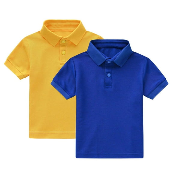 2 Pack Comfy Shirts for Boys Girls Short Sleeve Collared School Uniform Tops Kids Solid Color Cotton Tshirts (1 Year, Yellow|Blue)