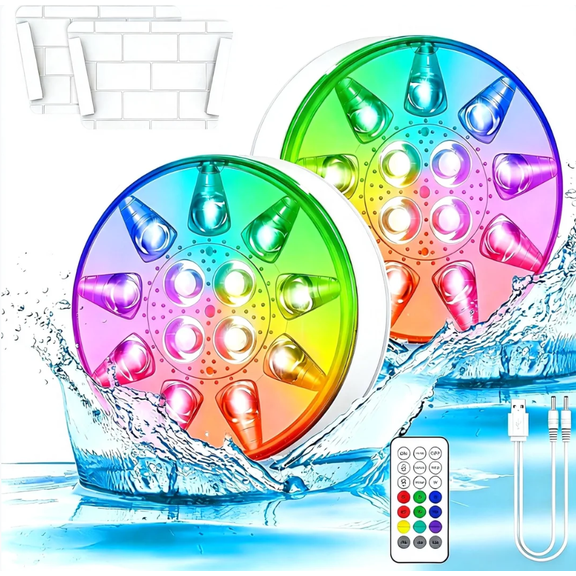 2 Pack Pool Lights, Rechargeable Submersible LED Pool Lights with Remote, IP68 Waterproof Pool Decor Light for Inground Pools, Above Ground Pools, Parties, Hot Tubs, Vase Bases
