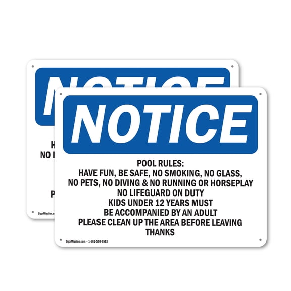 (2 Pack) Pool Rules No Running No Rough Play No OSHA Notice Sign 10 Inch X 7 Inch Plastic Sign, Weather Resistant, UV Protected for Workplace, Business, and Construction Site, Made in