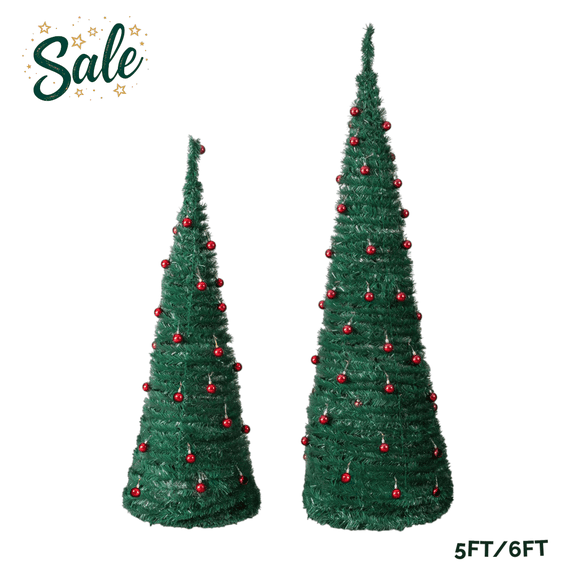 2-Pack Pop-Up Artificial Christmas Trees with Red Ball Ornaments, 5FT & 6FT Quick Setup & Easy Storage, Green