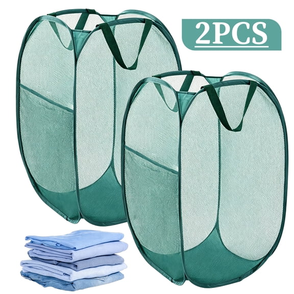 2 Pack Pop Up Mesh Laundry Hamper 74L, Collapsible Laundry Baskets with Side Pocket, Foldable Clothes Hamper for Storage and Organization,Dark Green