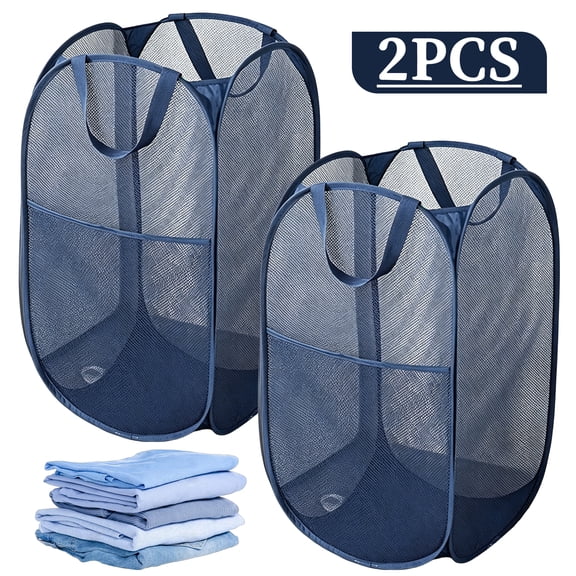 2 Pack Pop Up Mesh Laundry Hamper 74L, Collapsible Laundry Baskets with Side Pocket, Foldable Clothes Hamper for Storage and Organization,Navy Blue