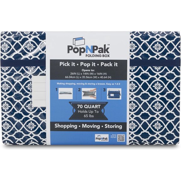 2-Pack PopN'Pak Storage Box Pop N Pak Collapsible Storage Box, Black, 70 Quart Capacity, 26x14x16 Inches, Folding Design (Navy Trellis)