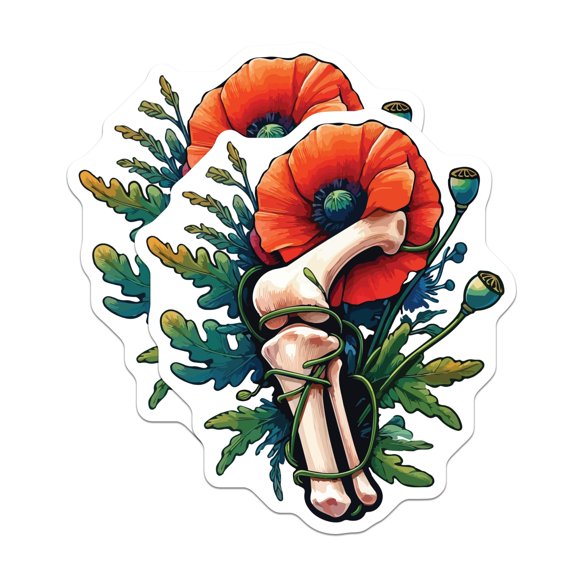 (2 Pack) Poppy Bones Stickers - Floral Skeleton Art - Botanical Anatomy Decor - 5" On Longest Side - Sticks to Smooth Flat Surfaces - Made in USA - BMCS20094