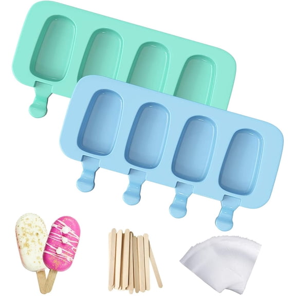 2 Pack Popsicles Molds, Homemade Cake Pop Molds Cakesicle Molds Silicone Popcical Molds, 4 Cavities Ice Pop Cream Molds Maker with 50 Wooden Sticks & 50 Popsicle Bags for DIY Popsicles